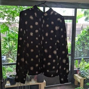 Who What Wear Black and White Dandelion Print Long Sleeve Blouse - XL